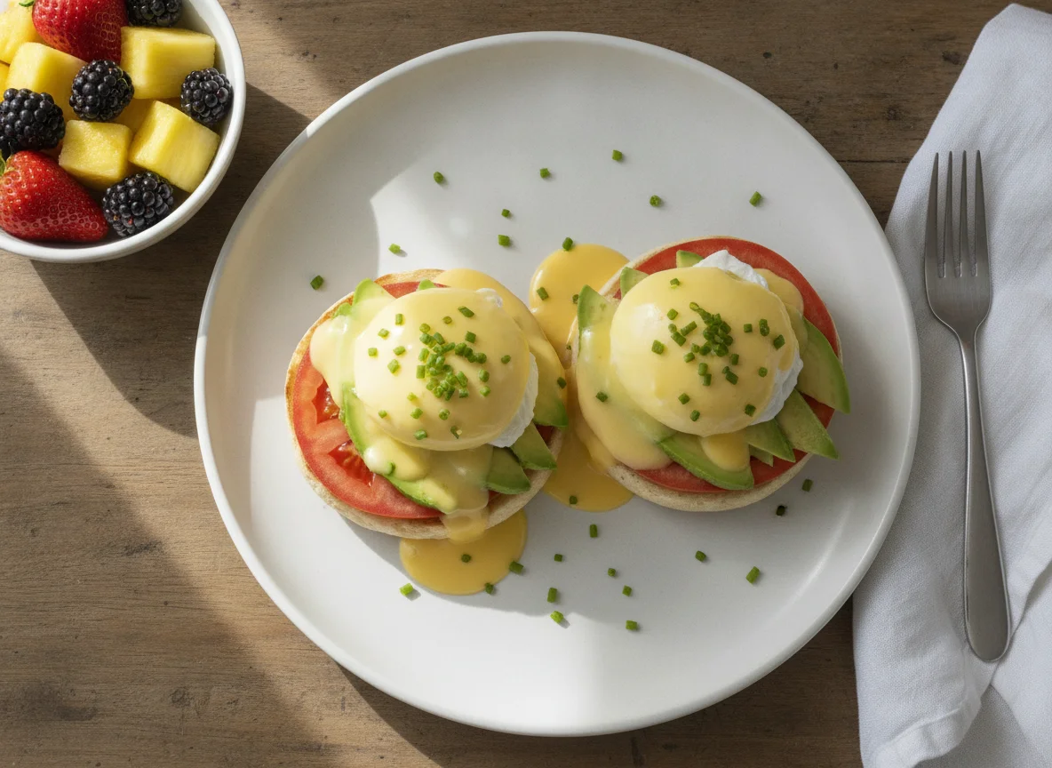 Eggs Benedict with Fruit Salad photo