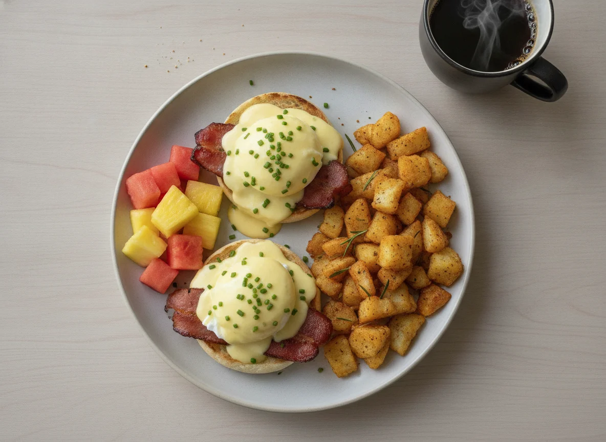 Eggs Benedict with Home Fries and Fruit photo