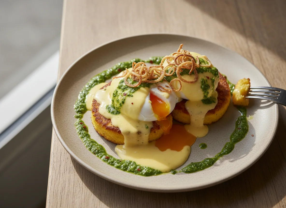 Eggs Benedict with Polenta and Herb Sauce photo