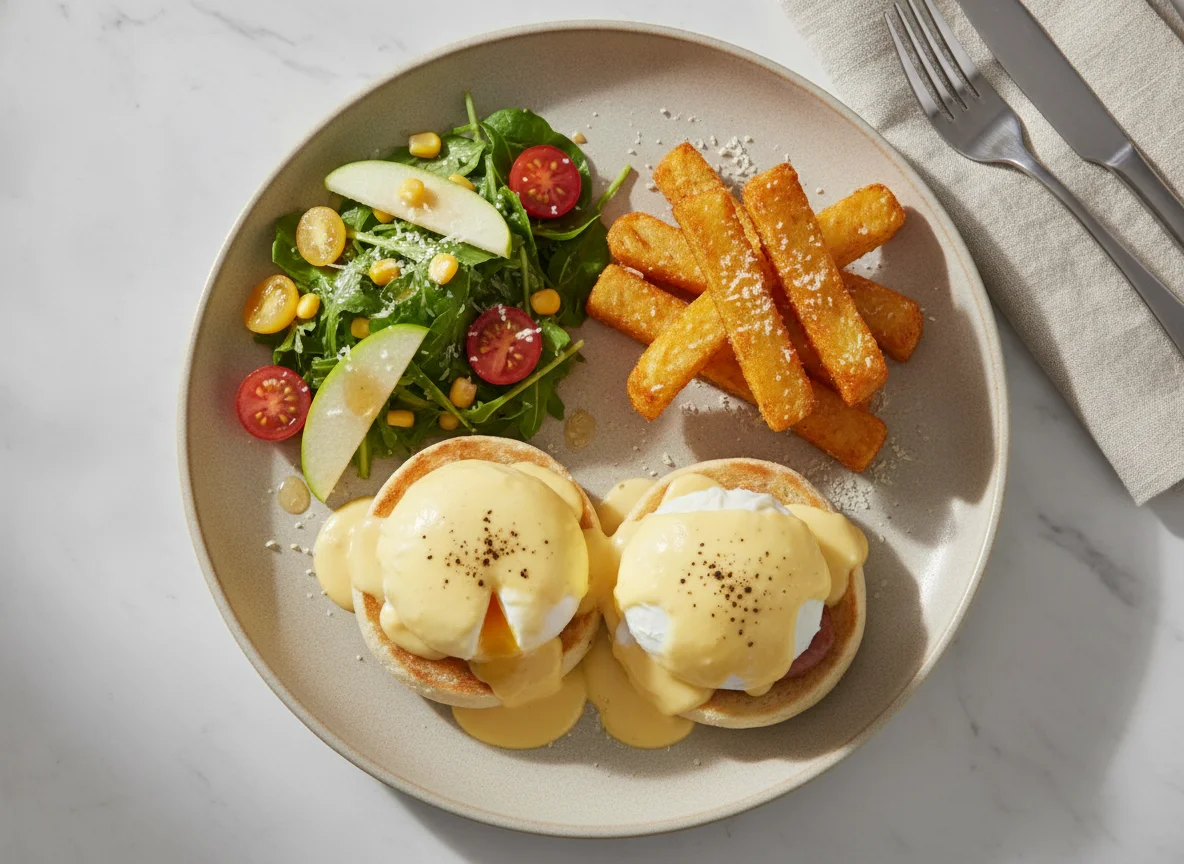 Eggs Benedict with Polenta Fries and Side Salad photo