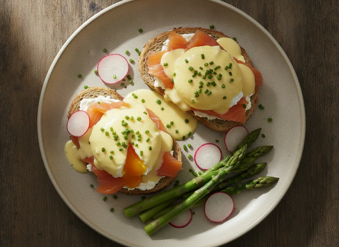 Eggs Benedict with Salmon and Asparagus photo