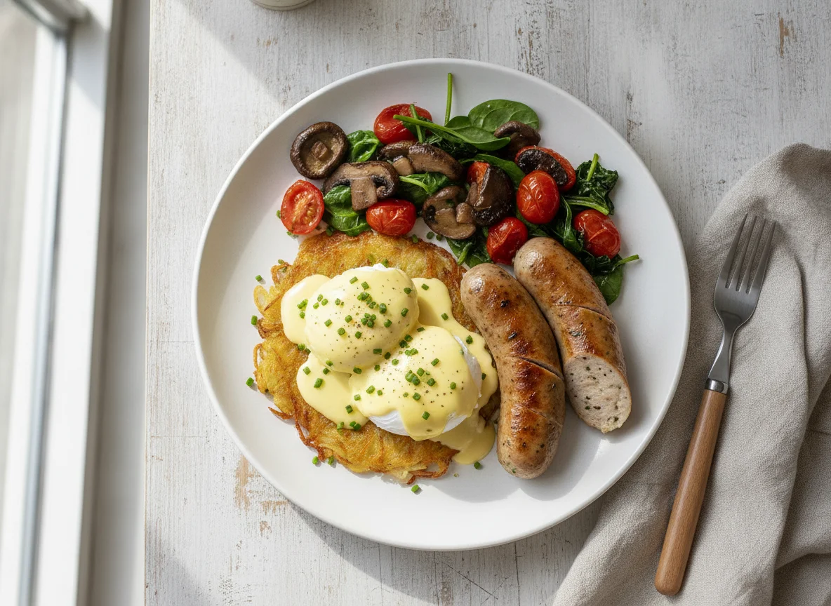 Eggs Benedict with Sausage and Sautéed Vegetables photo