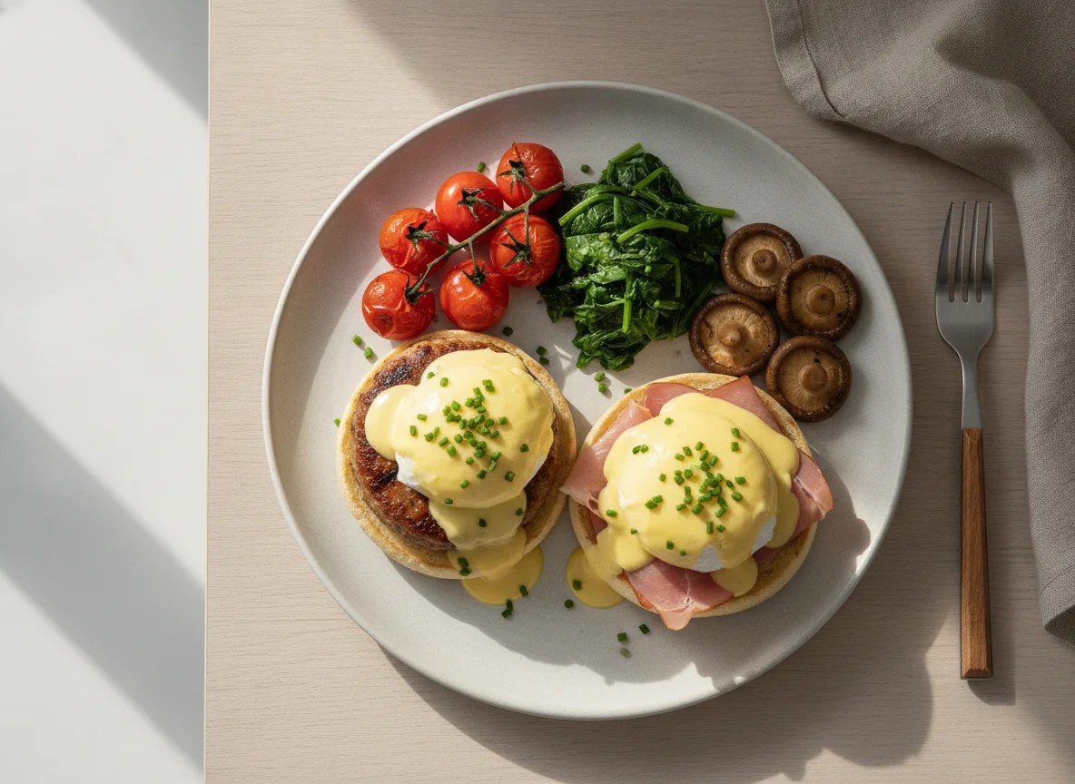 Eggs Benedict with Sausage and Sides photo