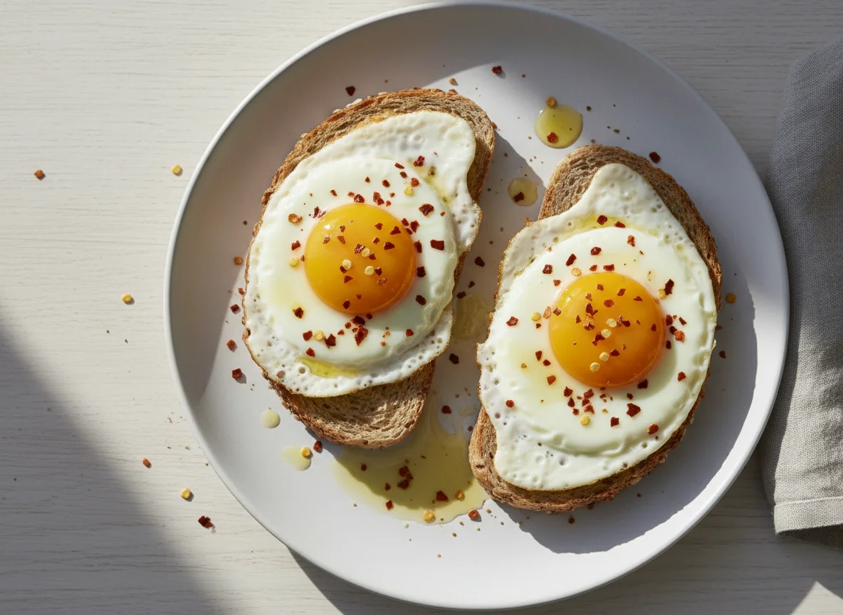 Eggs on toast with chili flakes photo