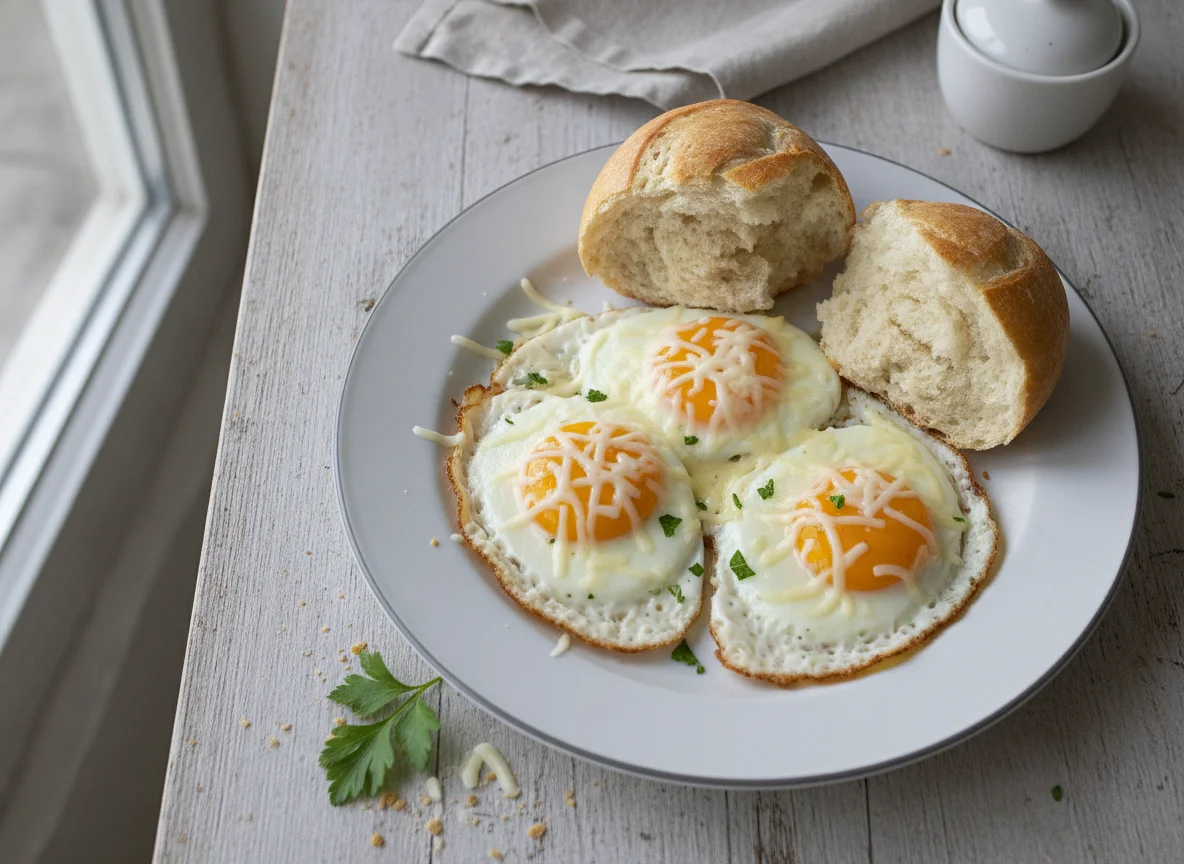 Eggs with Cheese and Bread Rolls photo