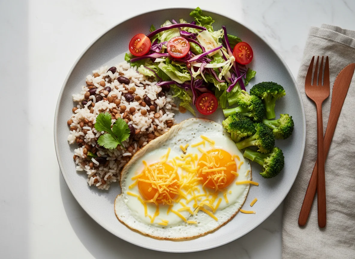 Eggs with Cheese, Rice and Broccoli with Side Salad photo