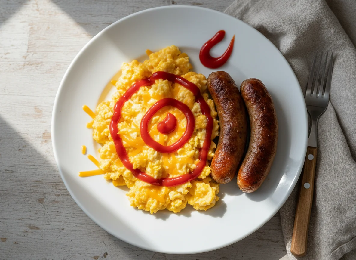 Eggs with Sausage and Ketchup photo