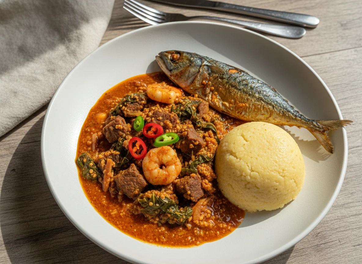 Egusi Soup with Eba and Fish photo