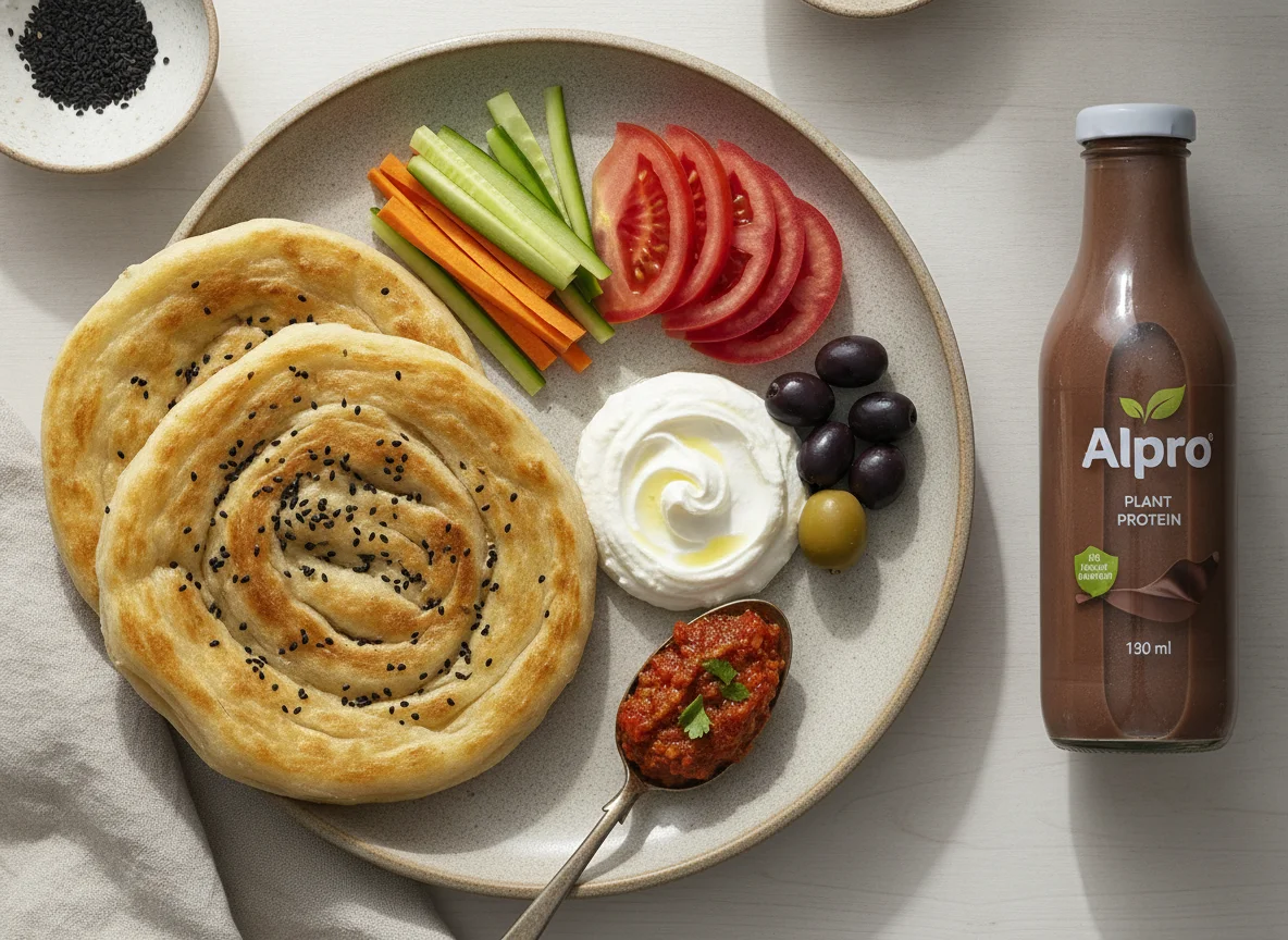 Egyptian Breakfast Plate with Plant Protein Drink photo