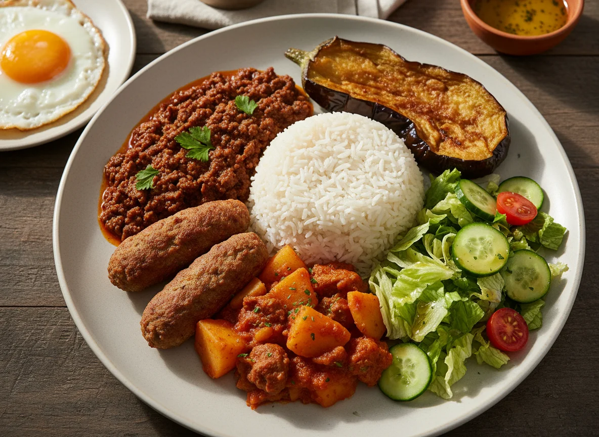 Egyptian Home-style Meal with Rice, Meat and Salad photo