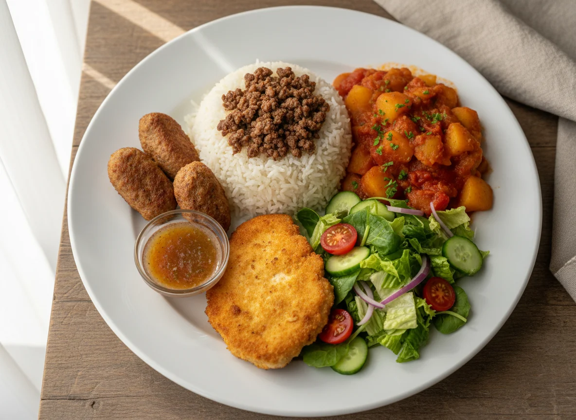 Egyptian Home-style Meal with Rice, Meat, and Vegetable Stew photo