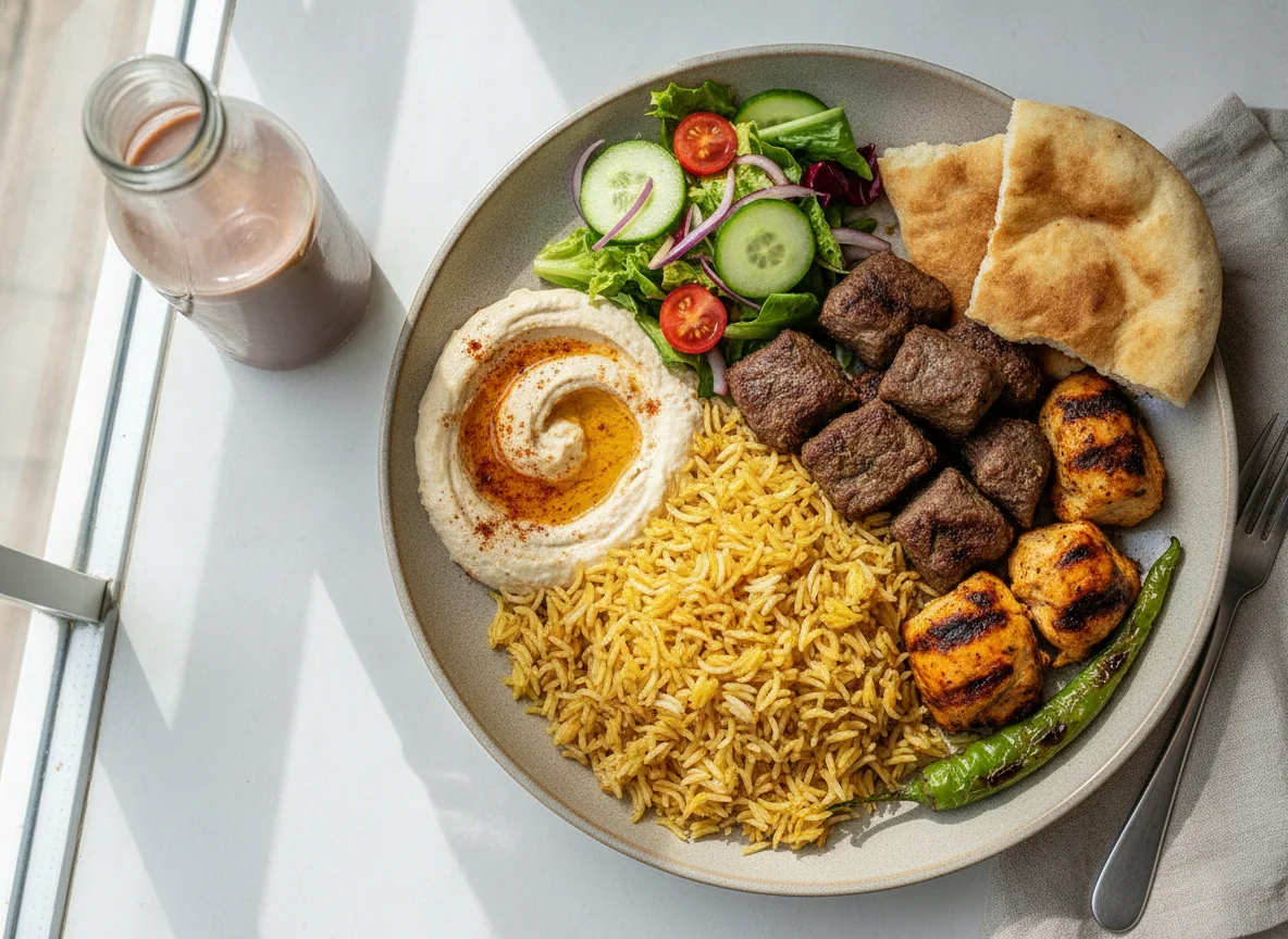 Egyptian Mixed Platter with Rice, Meat, and Hummus photo