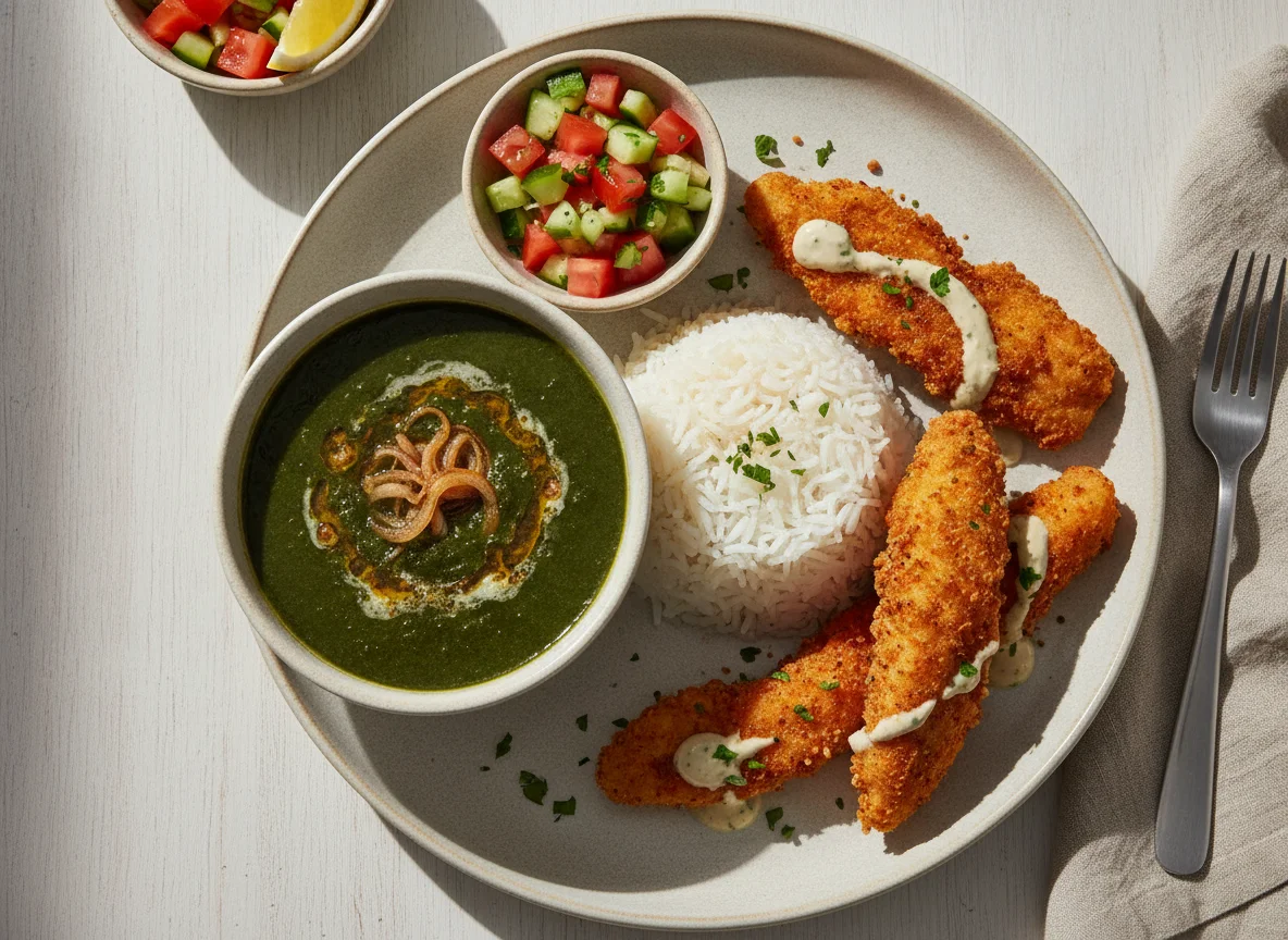 Egyptian Molokhia, Rice and Fried Chicken photo