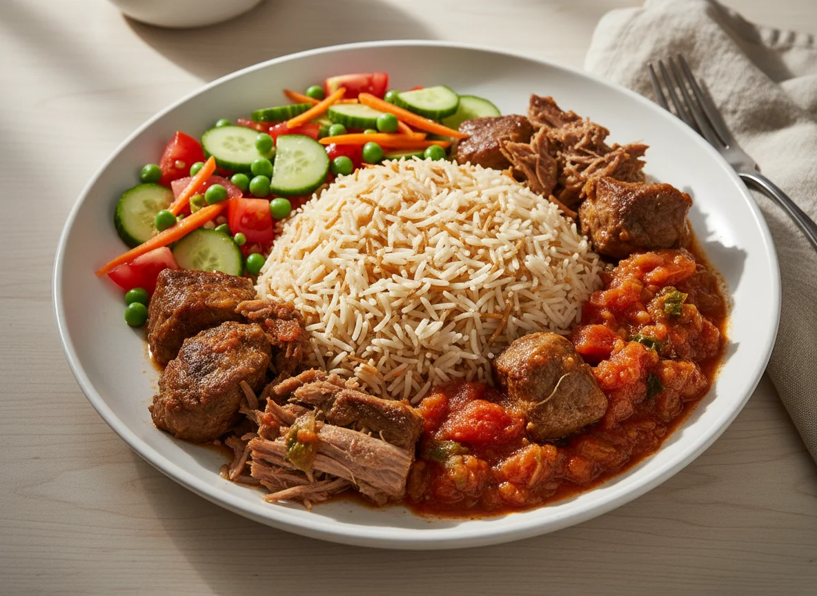 Egyptian Rice with Meat and Vegetable Salad photo