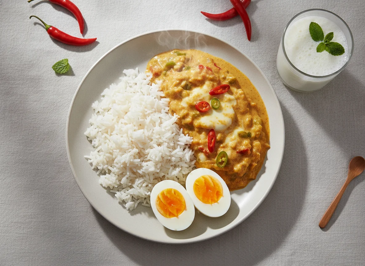 Ema Datshi with Rice and Boiled Eggs photo