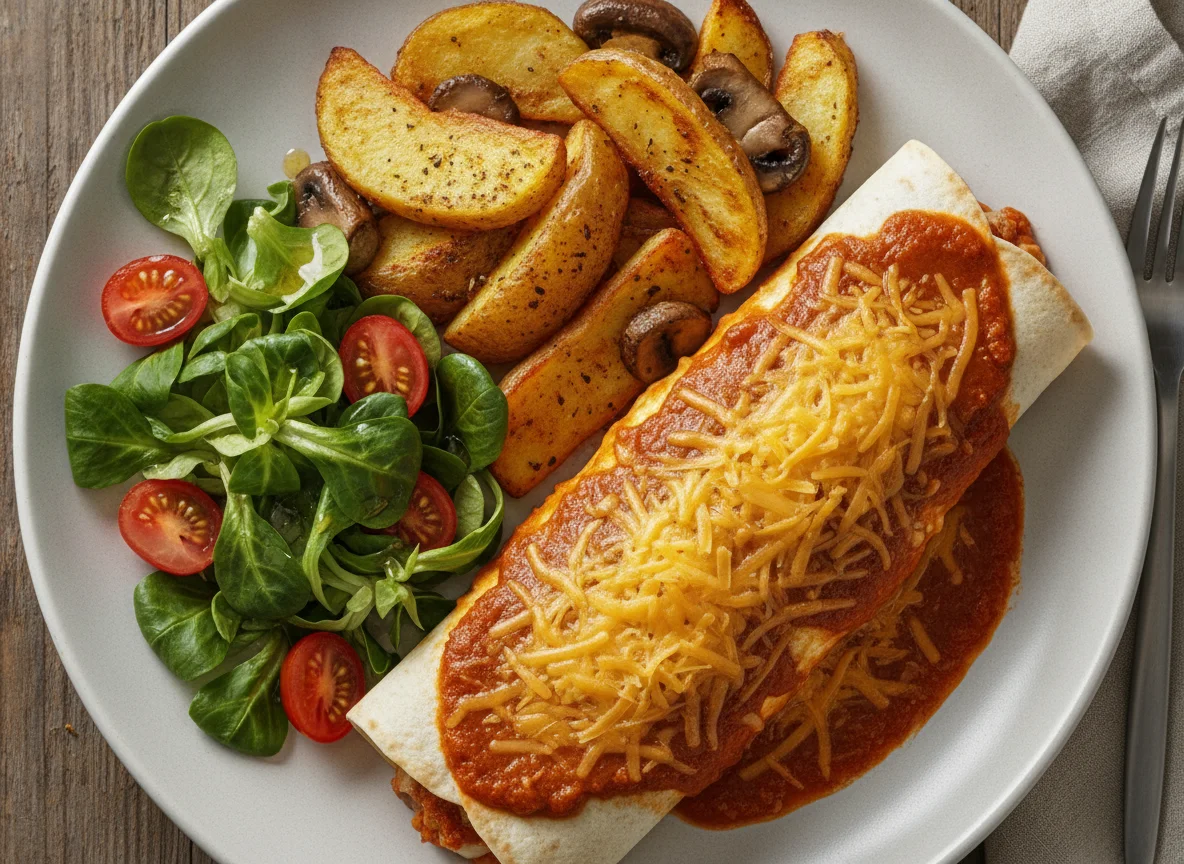 Enchilada with fried potatoes and side salad photo