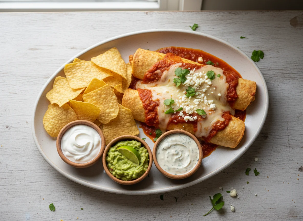 Enchilada with tortilla chips and dips photo