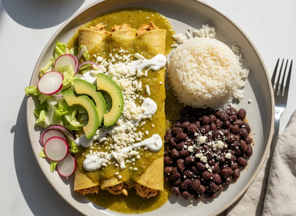 Enchiladas Verdes with Black Beans and Rice photo