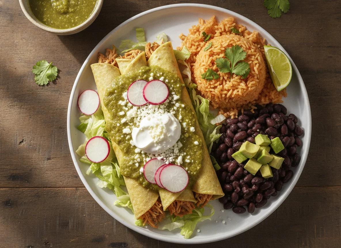 Enchiladas with Mexican Rice and Black Beans photo