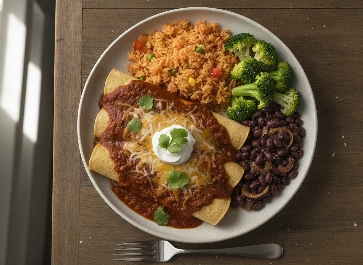Enchiladas with Rice, Beans, and Broccoli photo