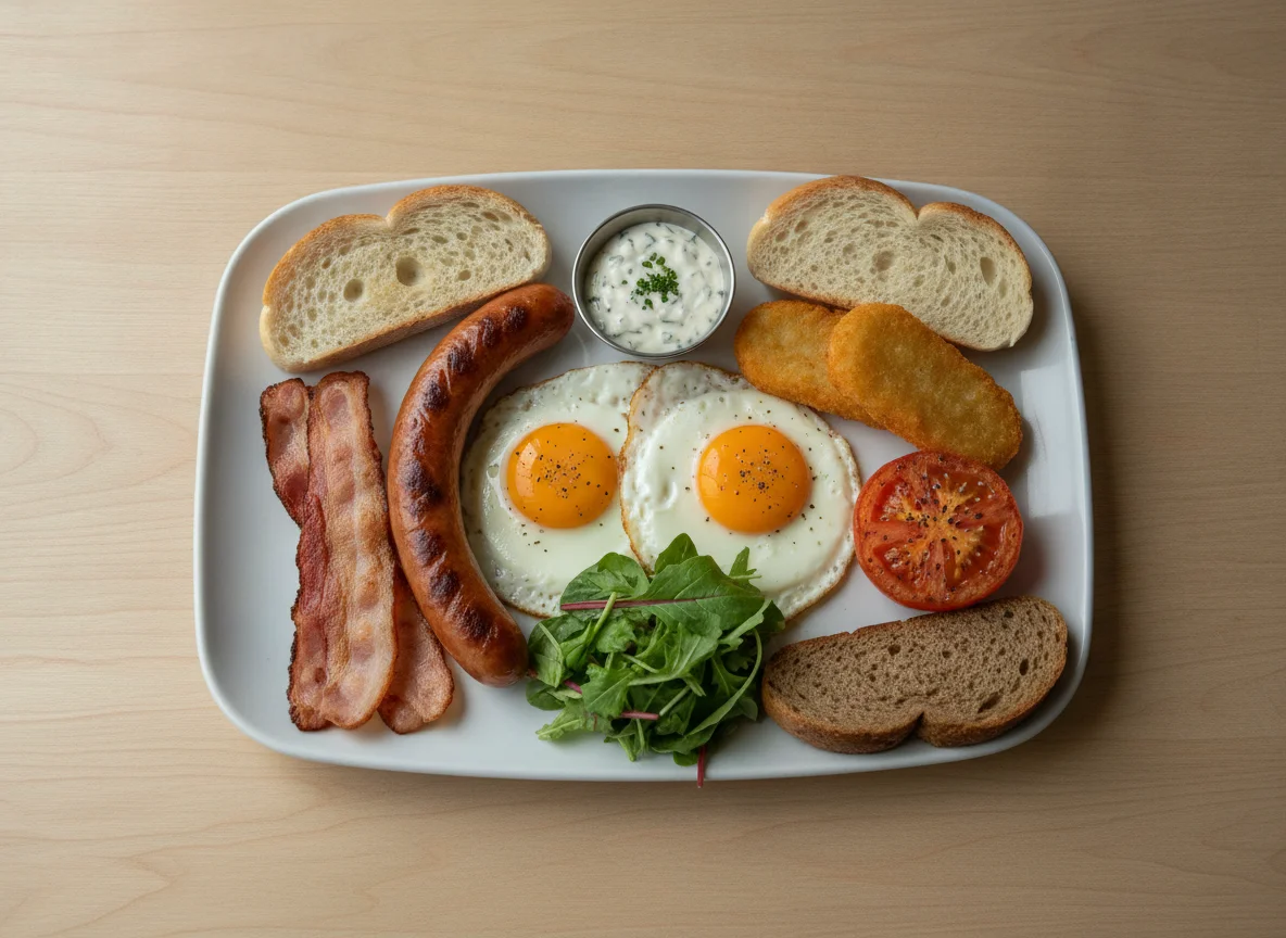 English breakfast with fried eggs and sausage photo