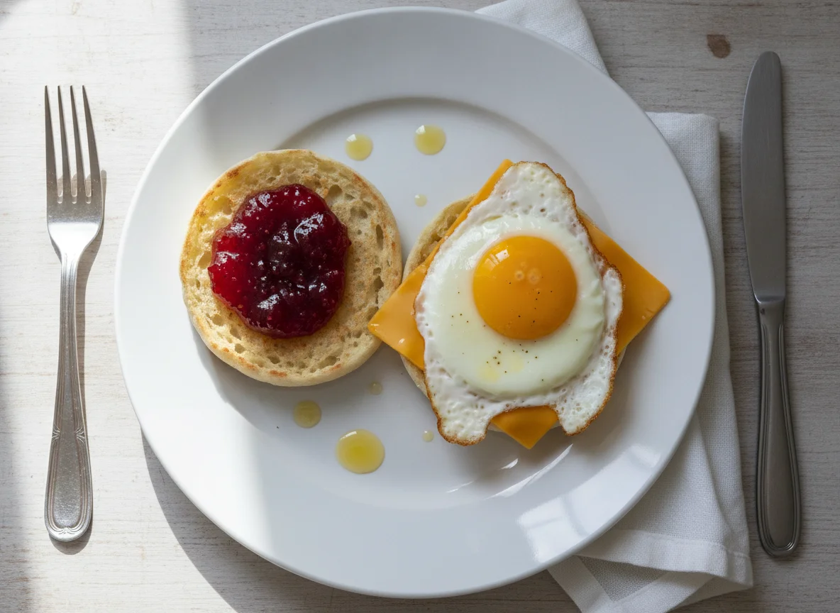 English Muffin with Jam and Fried Egg photo