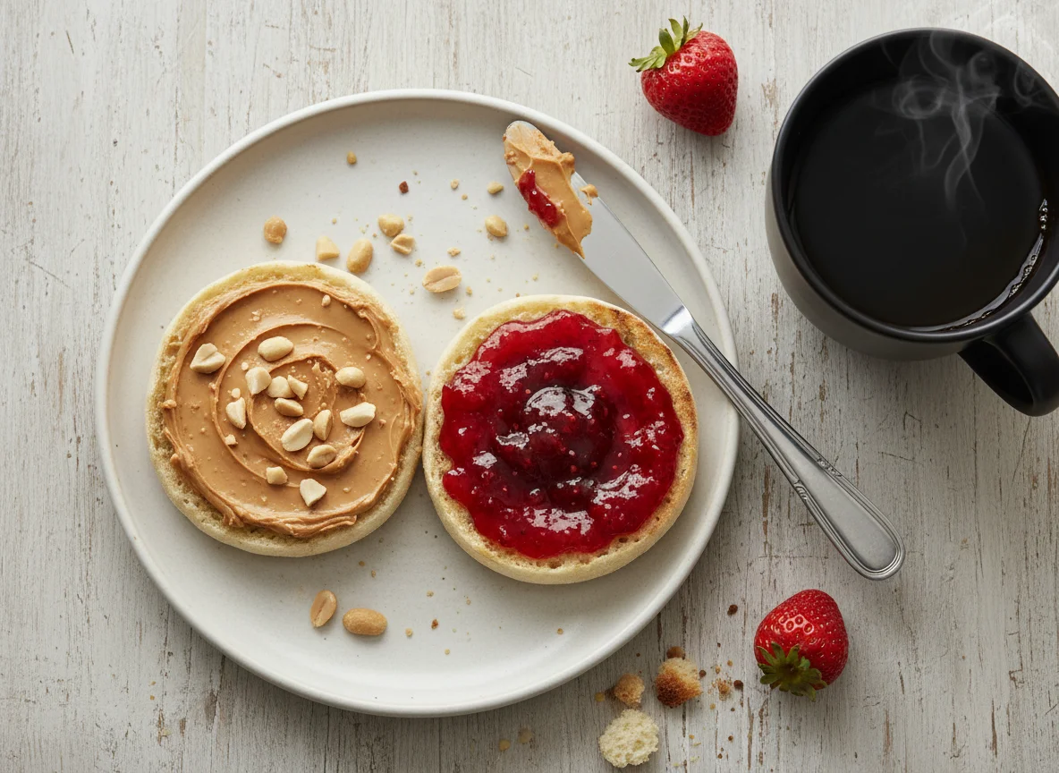 English Muffin with Jam and Peanut Butter, and Coffee photo