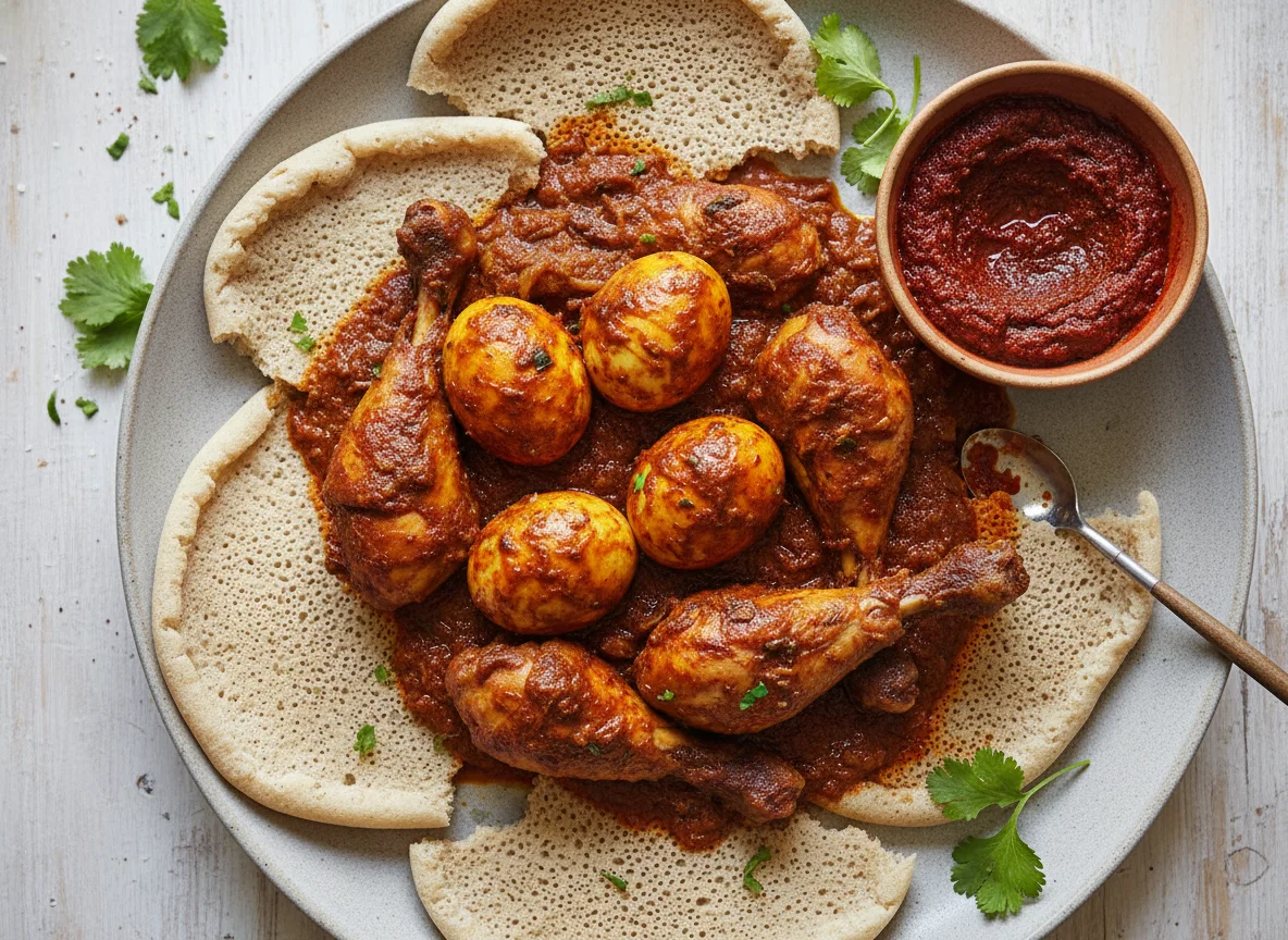 Ethiopian Doro Wat with Injera and Awaze photo