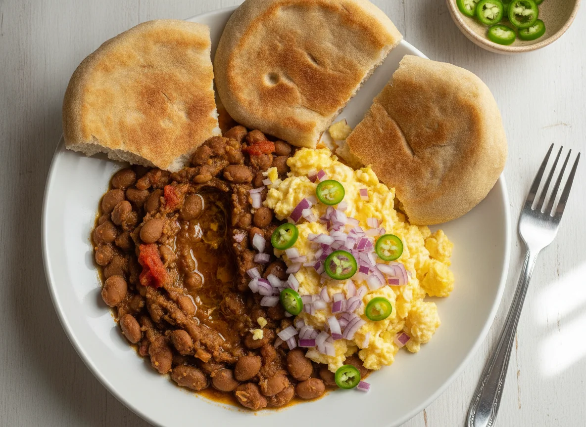 Ethiopian Ful Medames with Scrambled Eggs and Bread photo