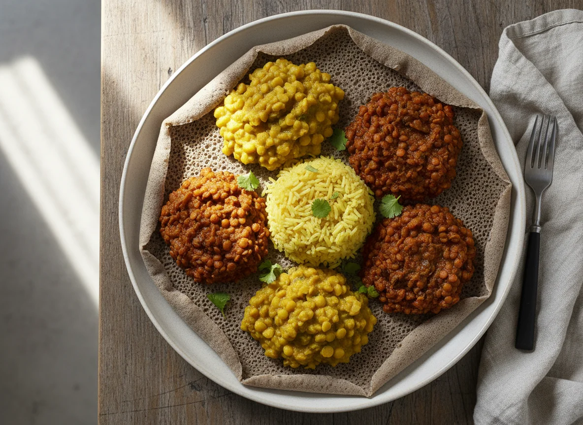 Ethiopian Injera Platter with Lentils and Rice photo