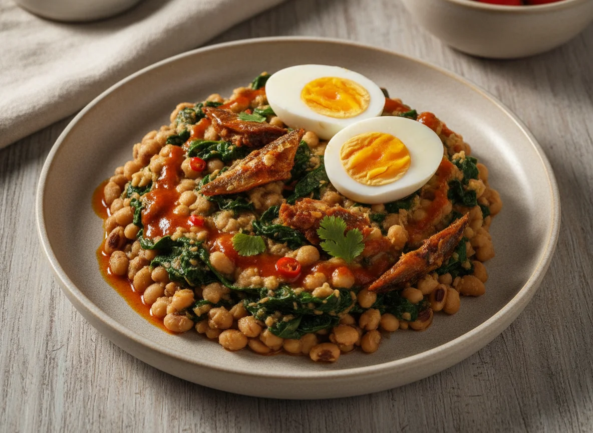 Ewa Agoyin with Spinach and Boiled Eggs photo