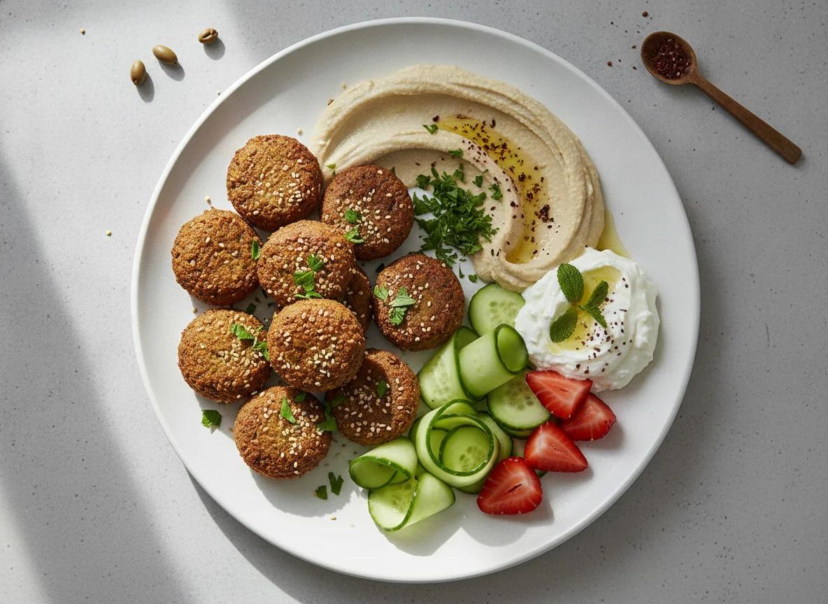Falafel plate with hummus, labneh, cucumber and strawberries photo