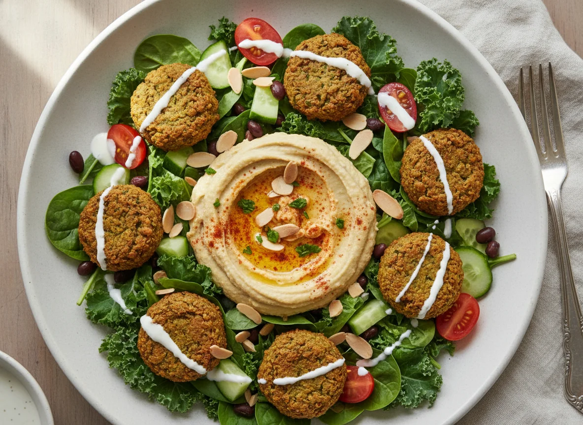 Falafel Salad with Hummus and Flaked Almonds photo