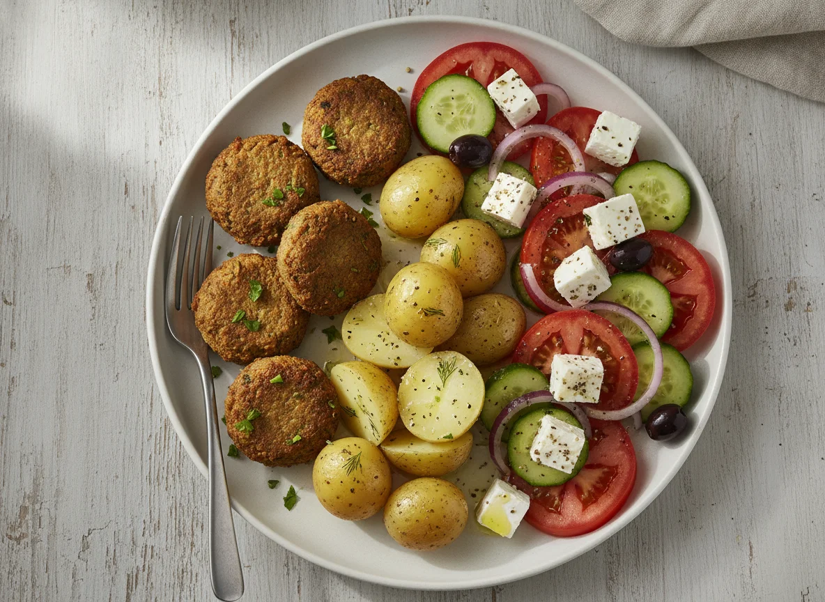 Falafel with Boiled Potatoes and Greek Salad photo
