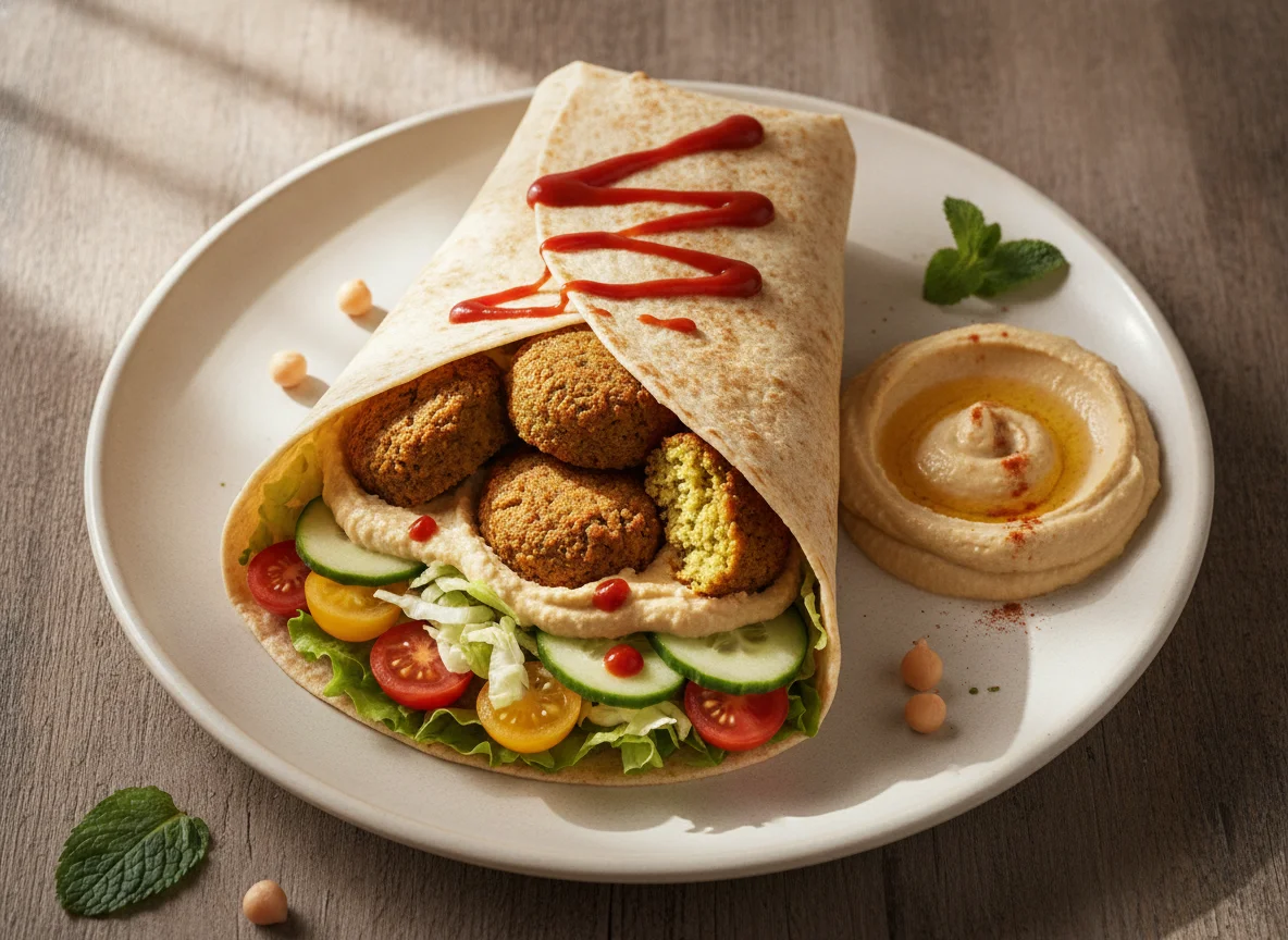 Falafel Wrap with Salad and Hummus photo