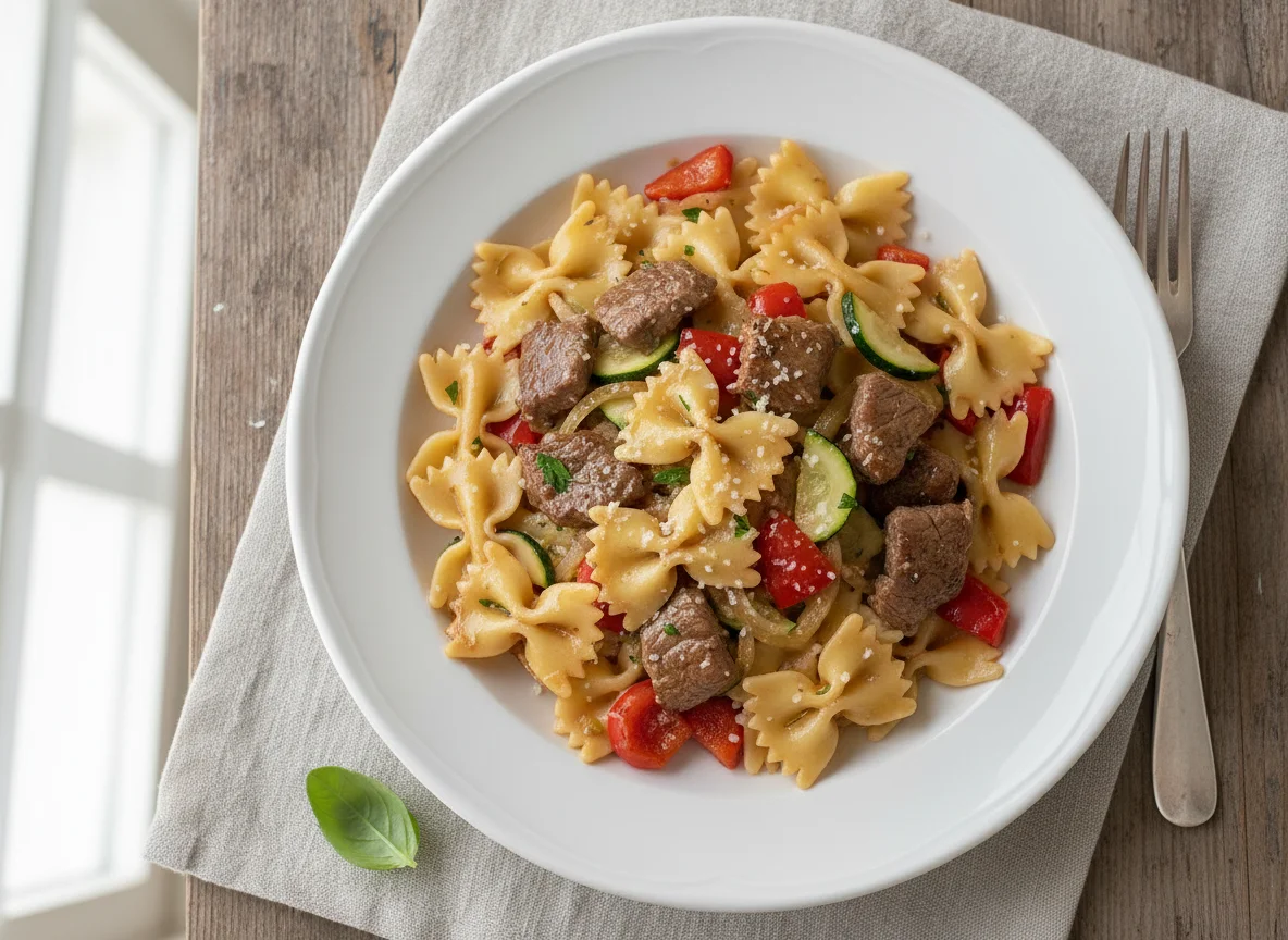 Farfalle pasta with beef and vegetables photo