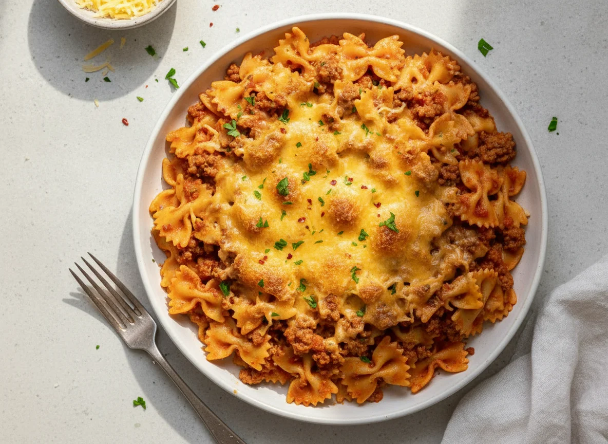 Farfalle Pasta with Beef Mince and Cheese photo