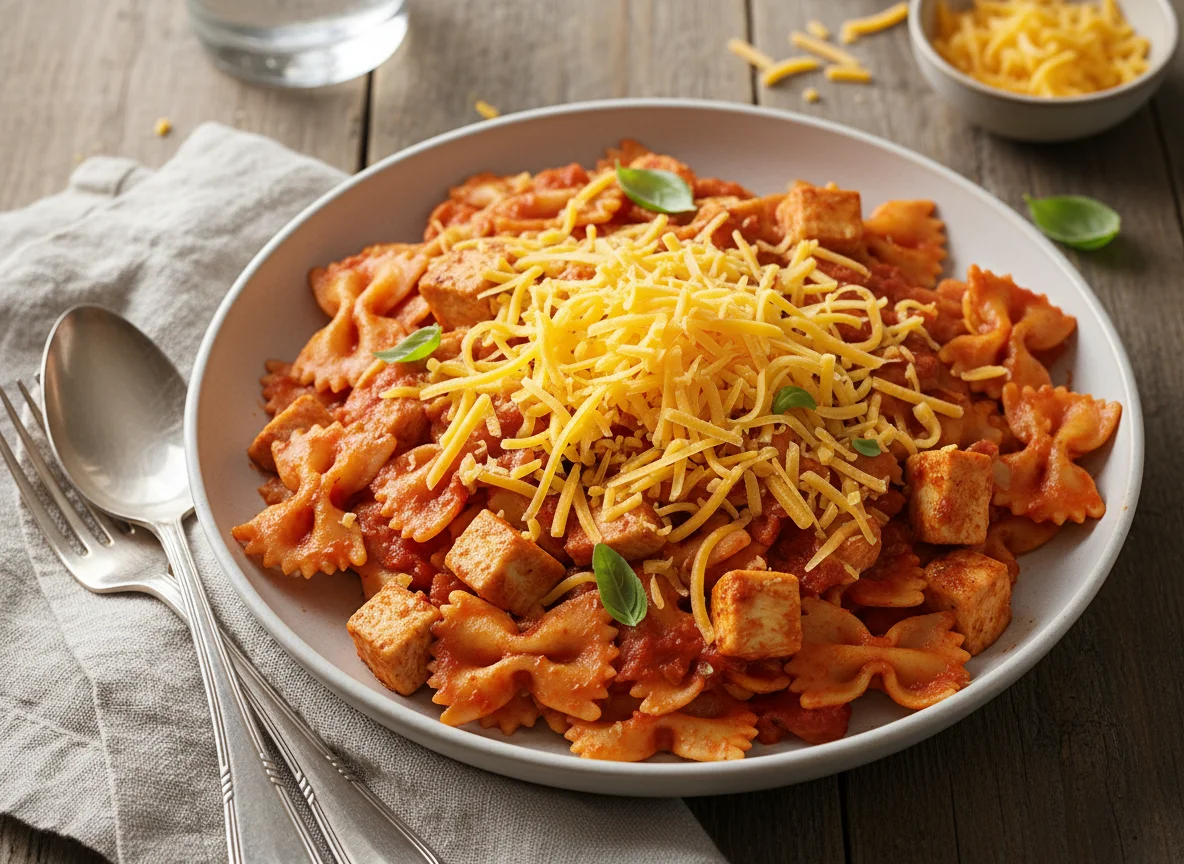 Farfalle pasta with chicken and grated cheese photo