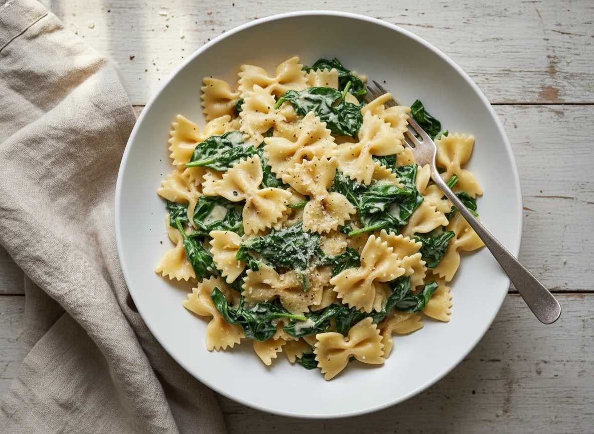 Farfalle Pasta with Cream Sauce and Spinach photo