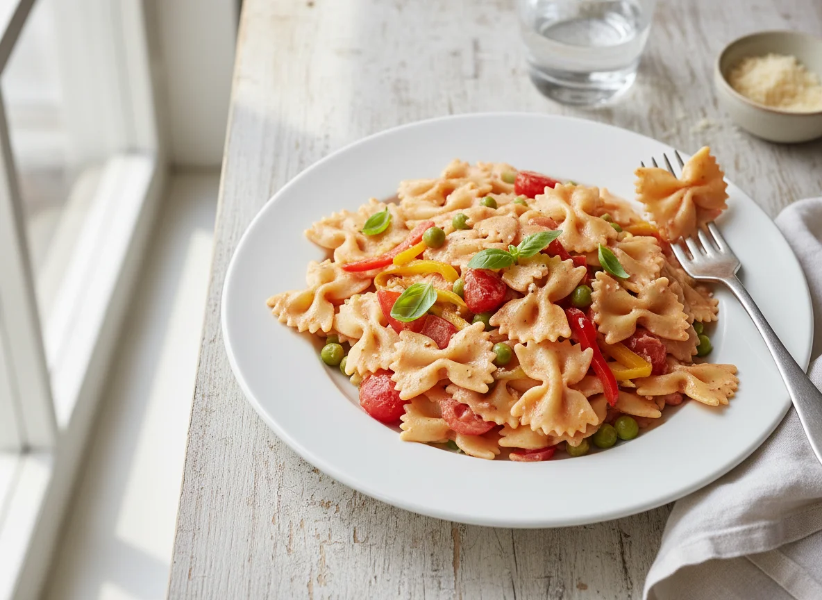 Farfalle Pasta with Creamy Tomato Sauce and Vegetables photo