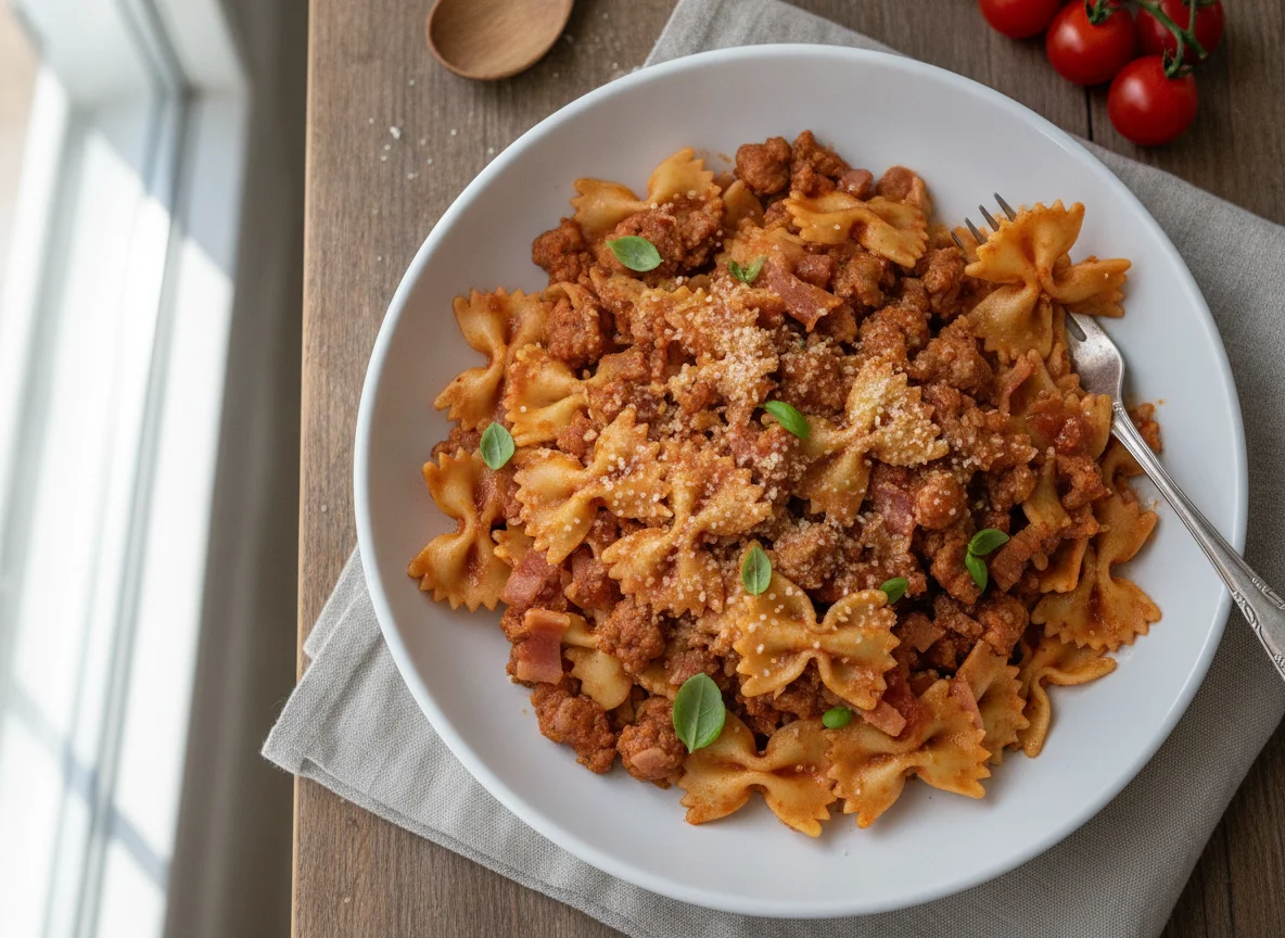 Farfalle Pasta with Sausage and Tomato Sauce photo