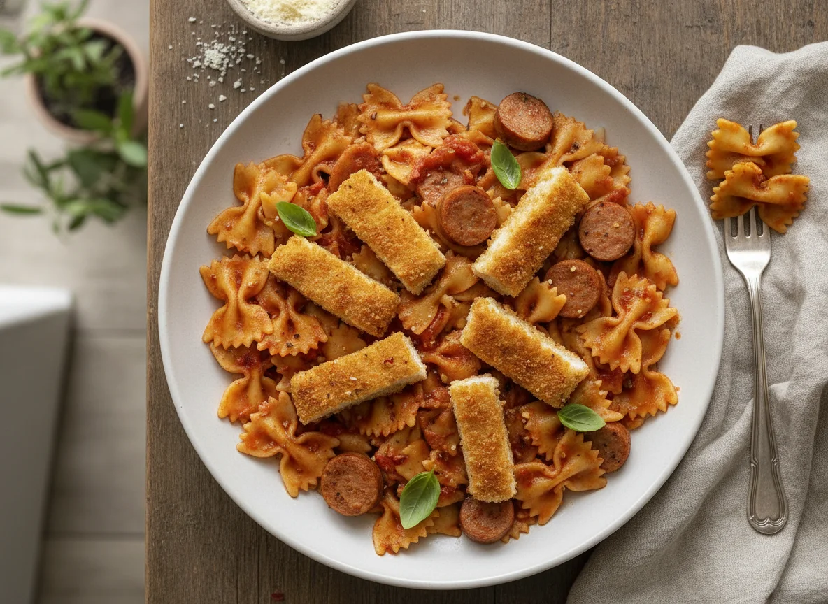 Farfalle pasta with sausages and breaded chicken photo