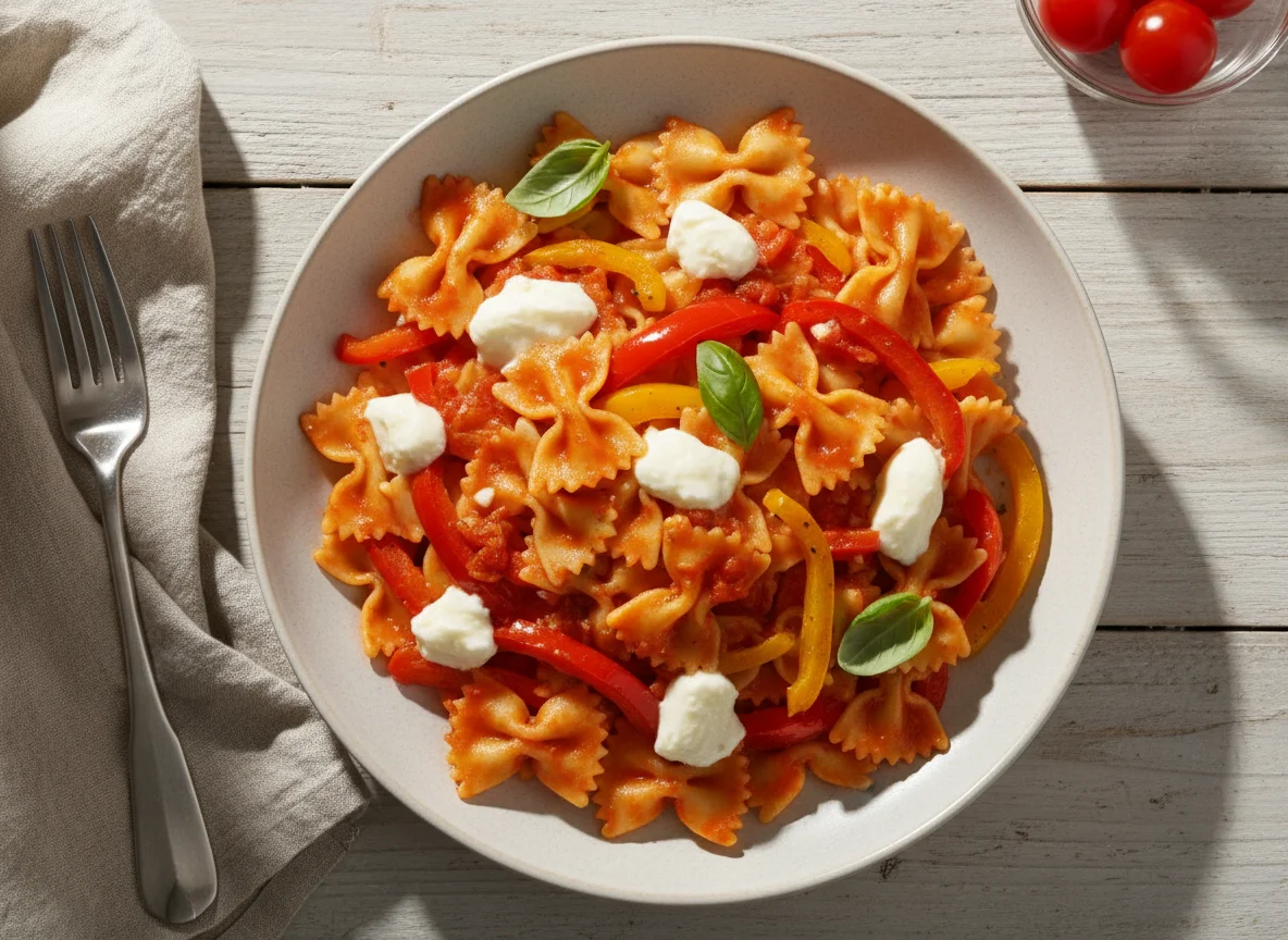 Farfalle Pasta with Tomato Sauce and Vegetables photo