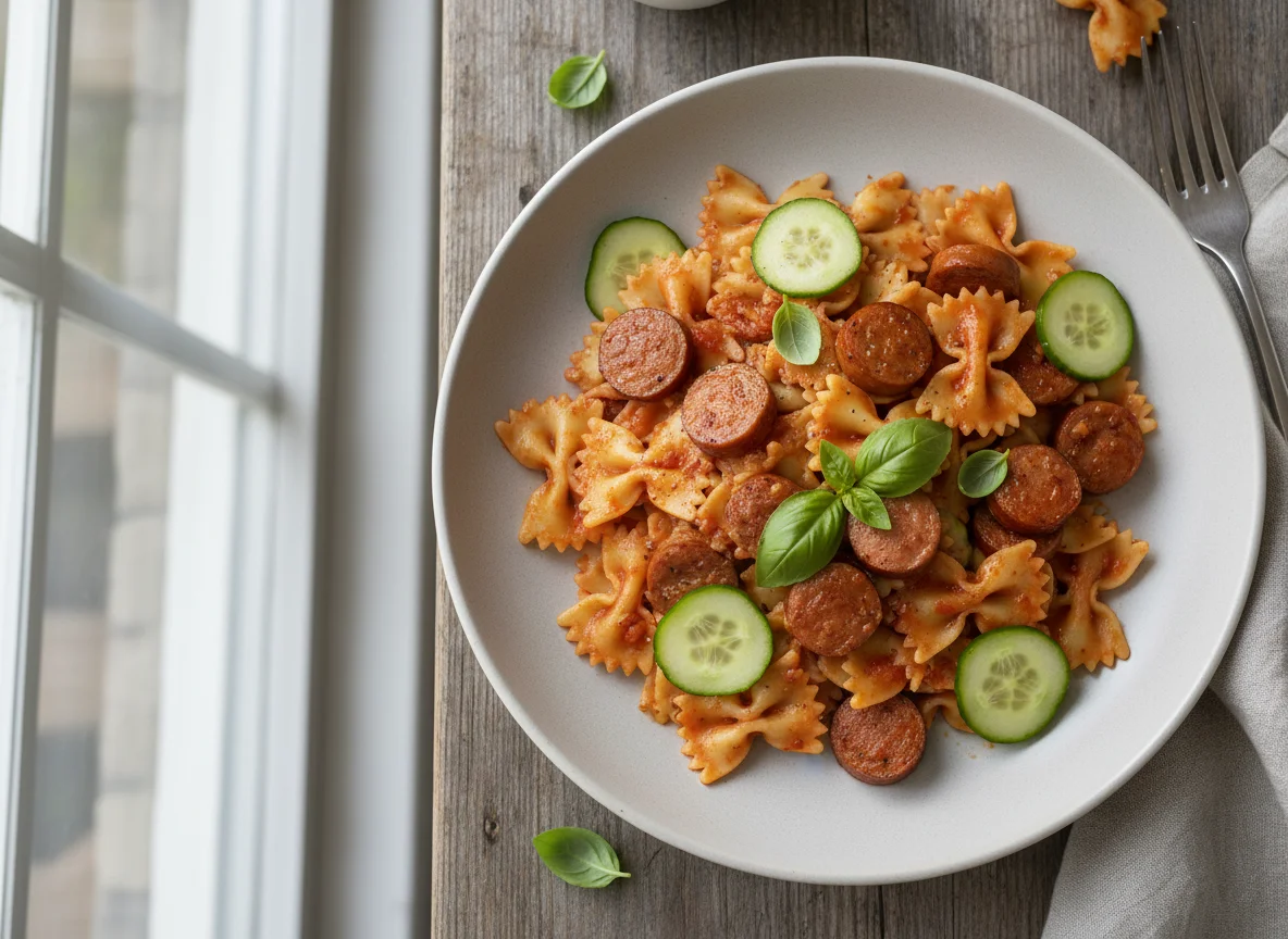 Farfalle with sausage and tomato sauce, with cucumber slices photo