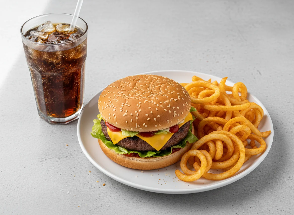 Fast Food Meal (Burger, Curly Fries, Soda) photo