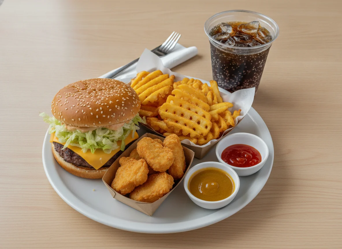 Fast Food Meal with Burger, Fries, Nuggets, and Soda photo
