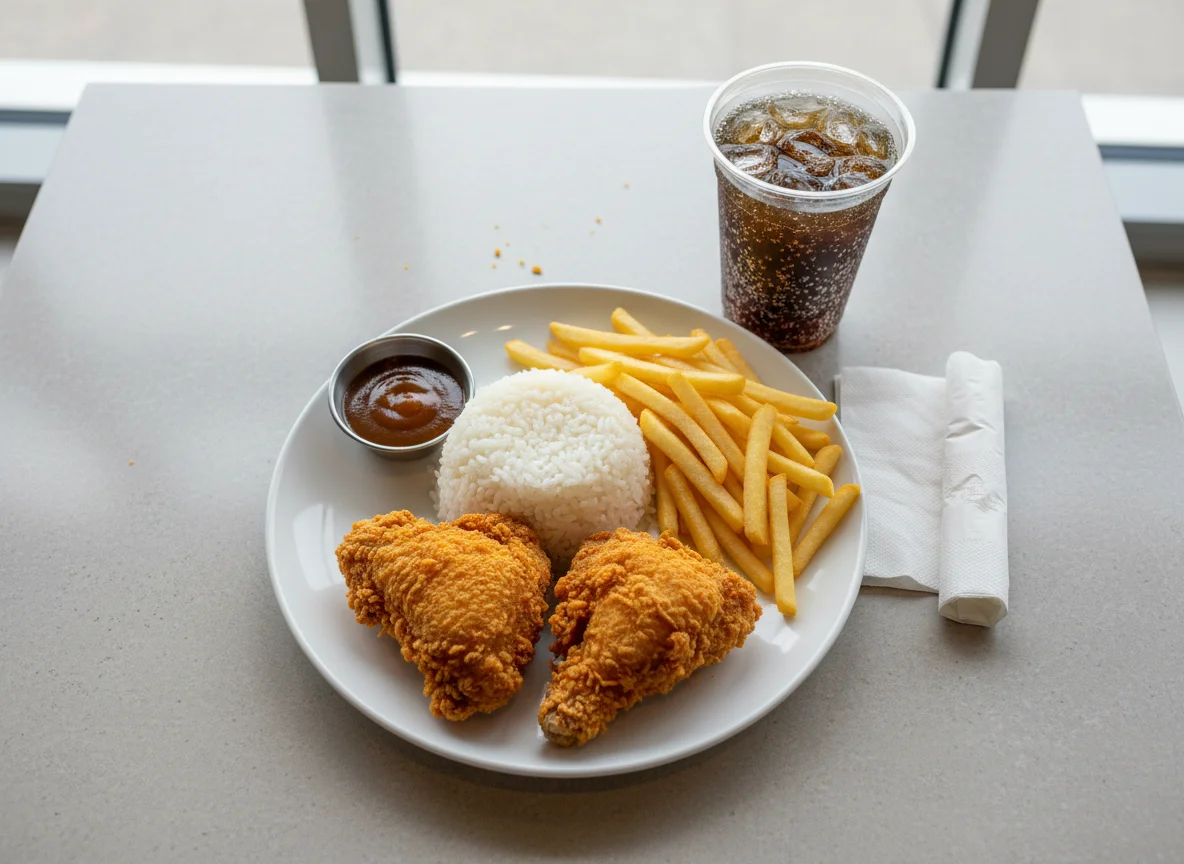 Fast Food Meal with Fried Chicken, Rice, Fries, and Drink photo