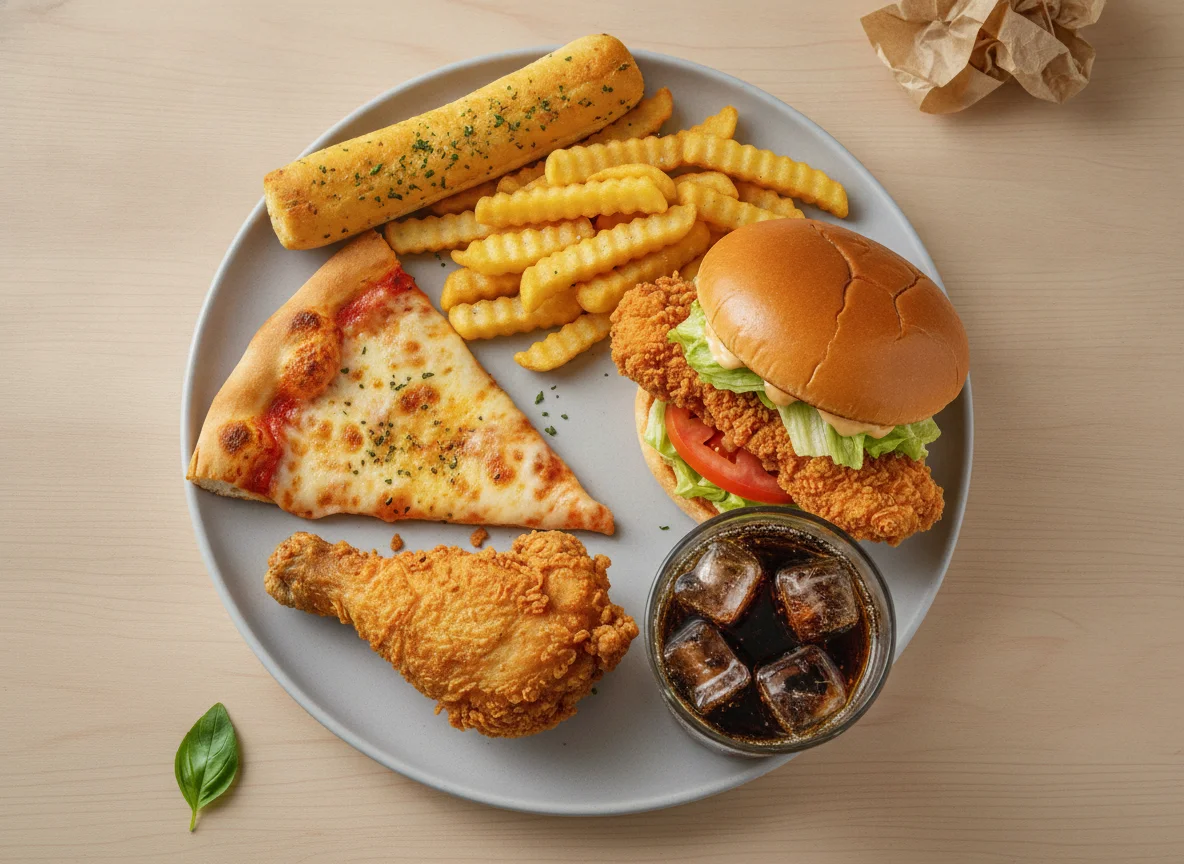 Fast Food Meal with Pizza, Fried Chicken, and Burger photo