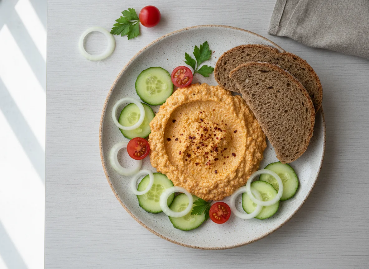 Fërgesë with Rye Bread and Fresh Vegetables photo