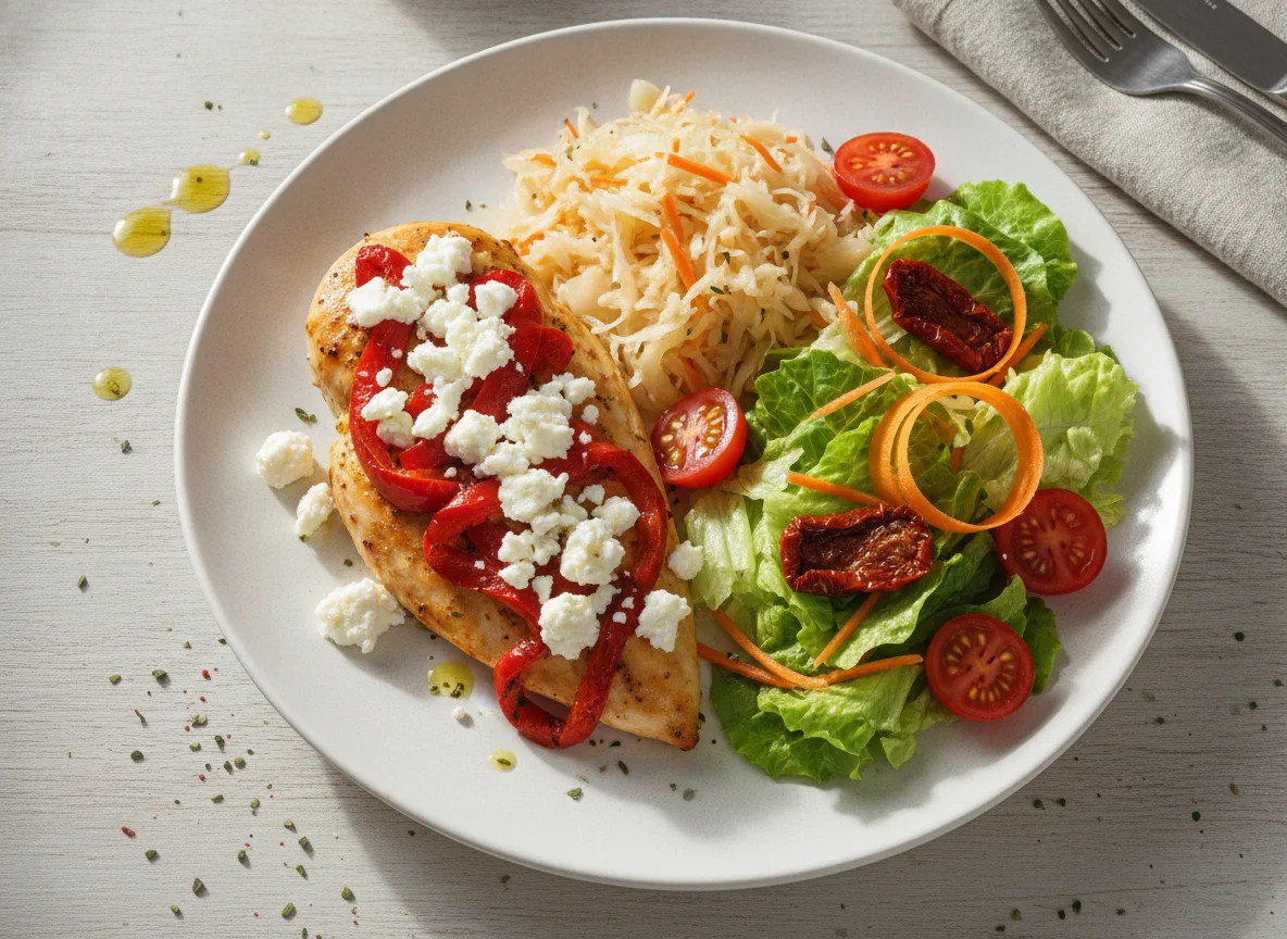 Feta and Red Pepper Topped Chicken with Salad and Sauerkraut photo